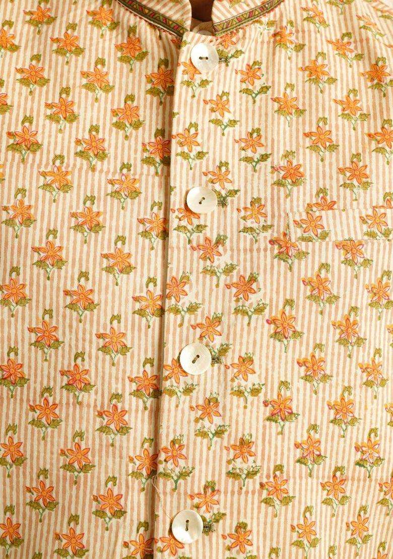 Cream Solid Cotton Kurta Set For Men - Indya