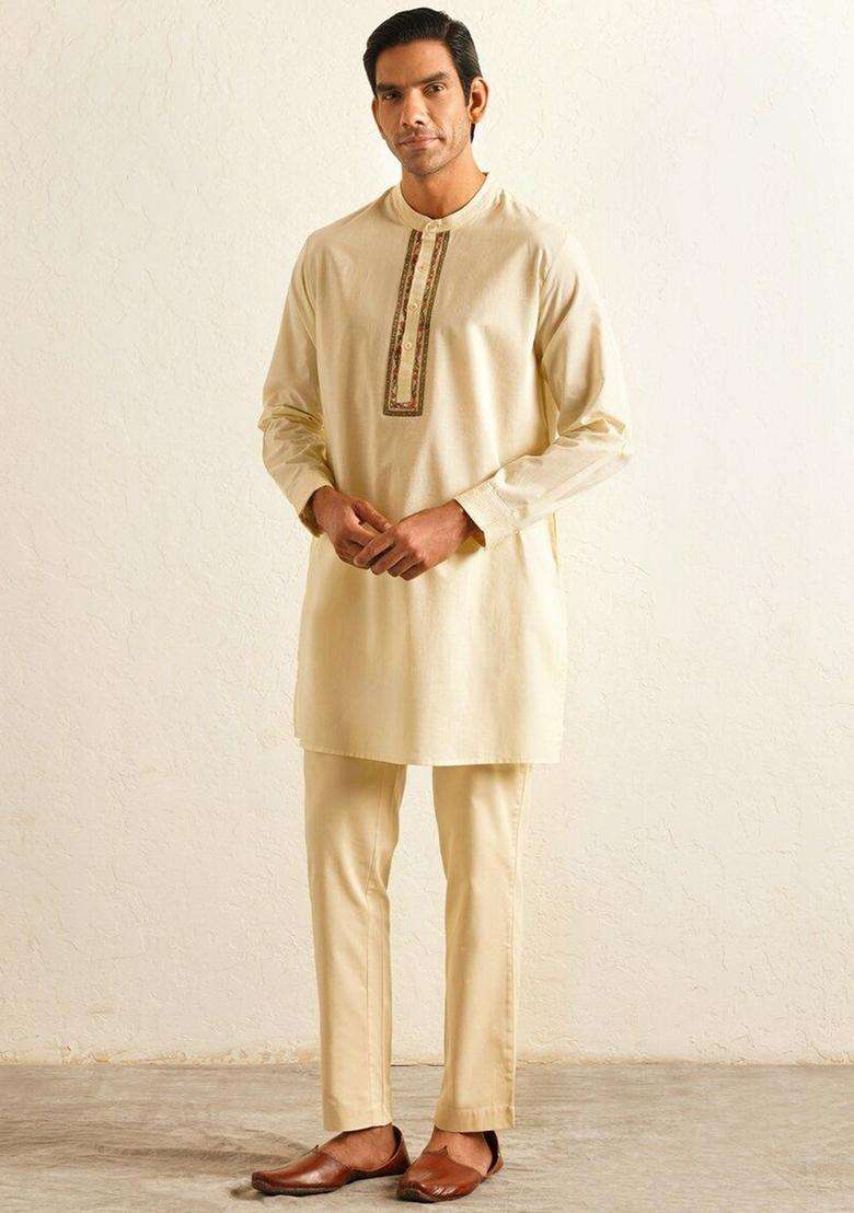 Cream Solid Cotton Kurta Set For Men - Indya