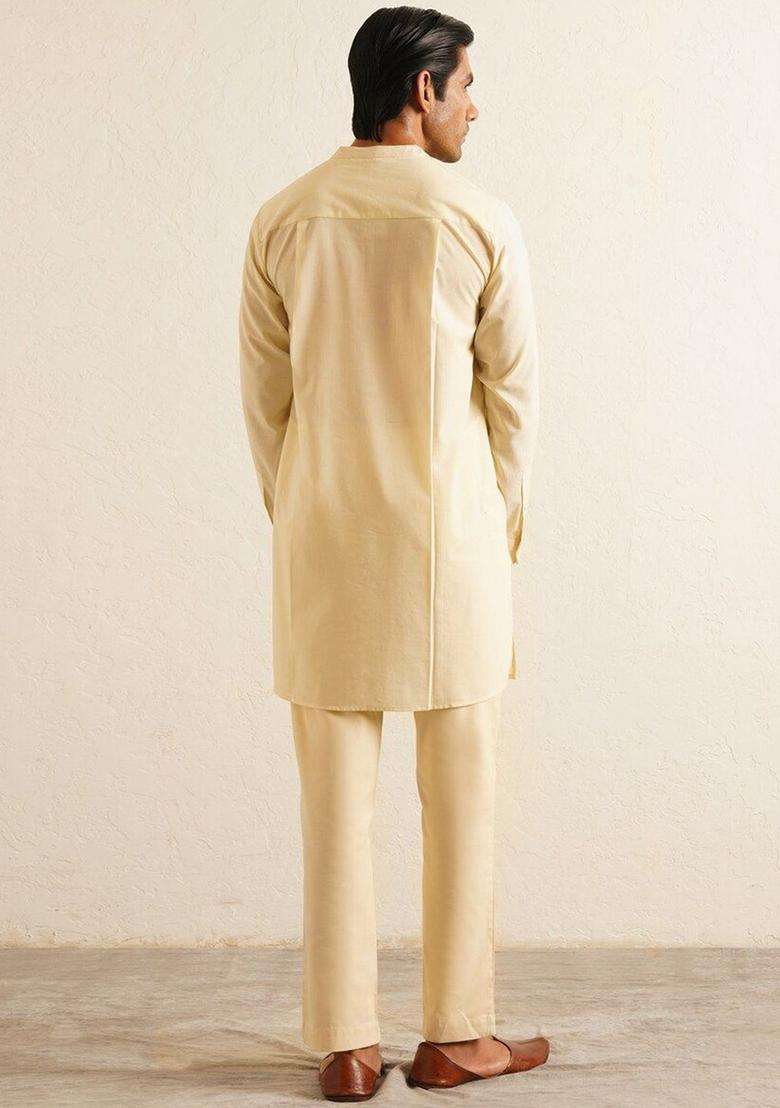 Cream Solid Cotton Kurta Set For Men - Indya
