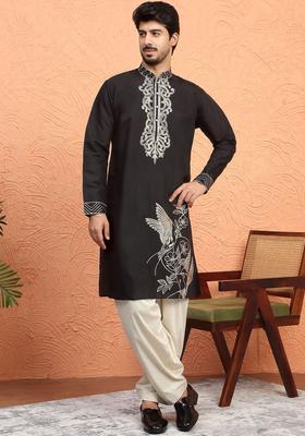 Black Embroidered Silk Kurta Set For Men