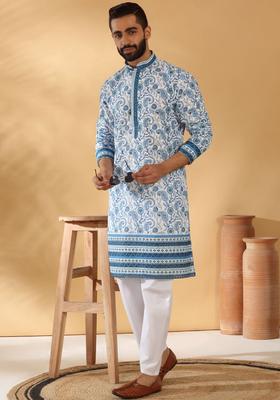 White Printed Cotton Kurta Set For Men