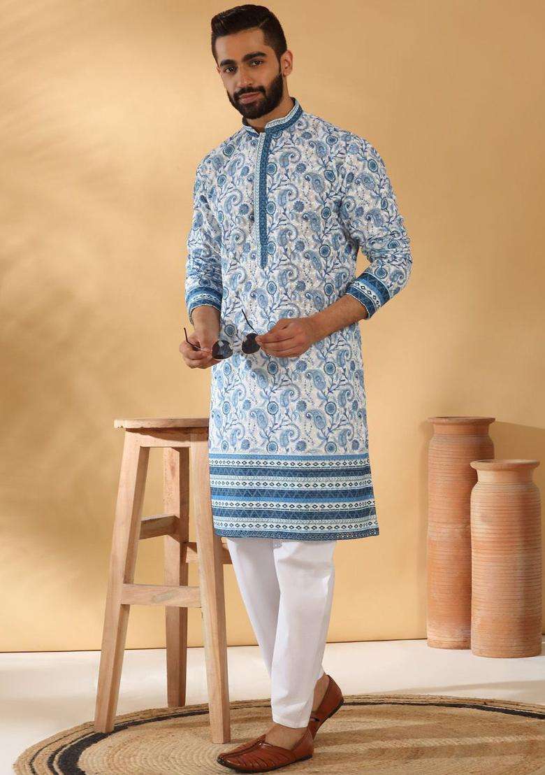 White Printed Cotton Kurta Set For Men - Indya