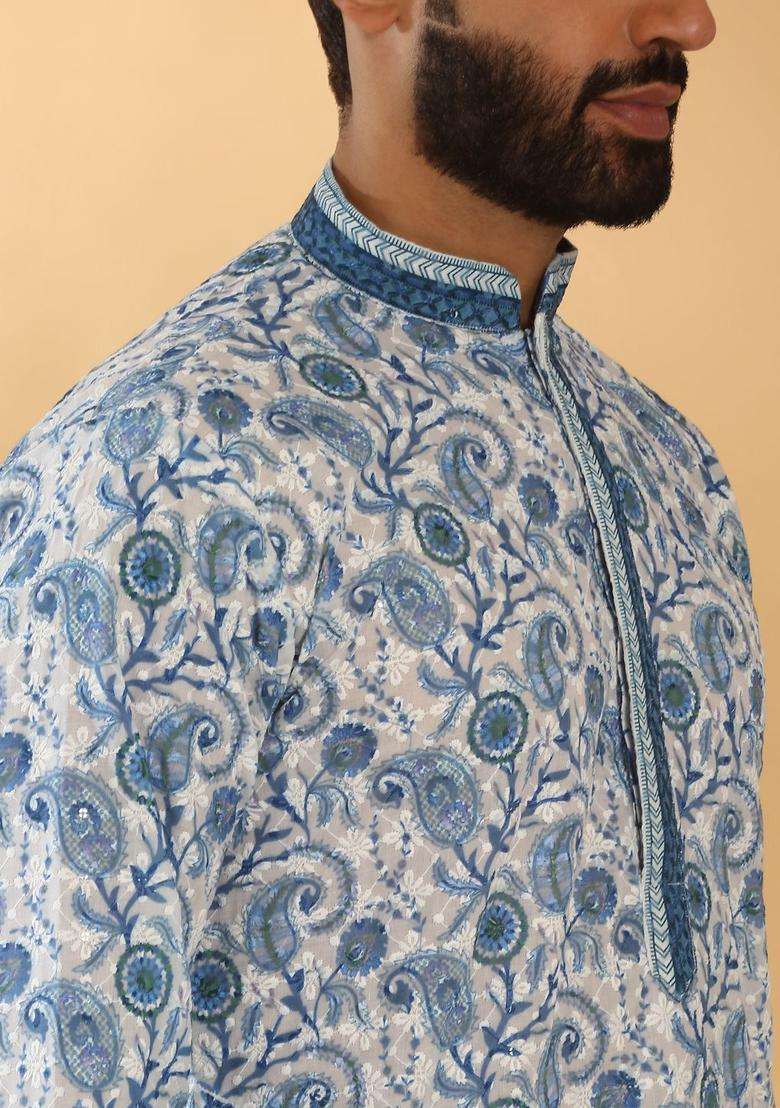 White Printed Cotton Kurta Set For Men - Indya
