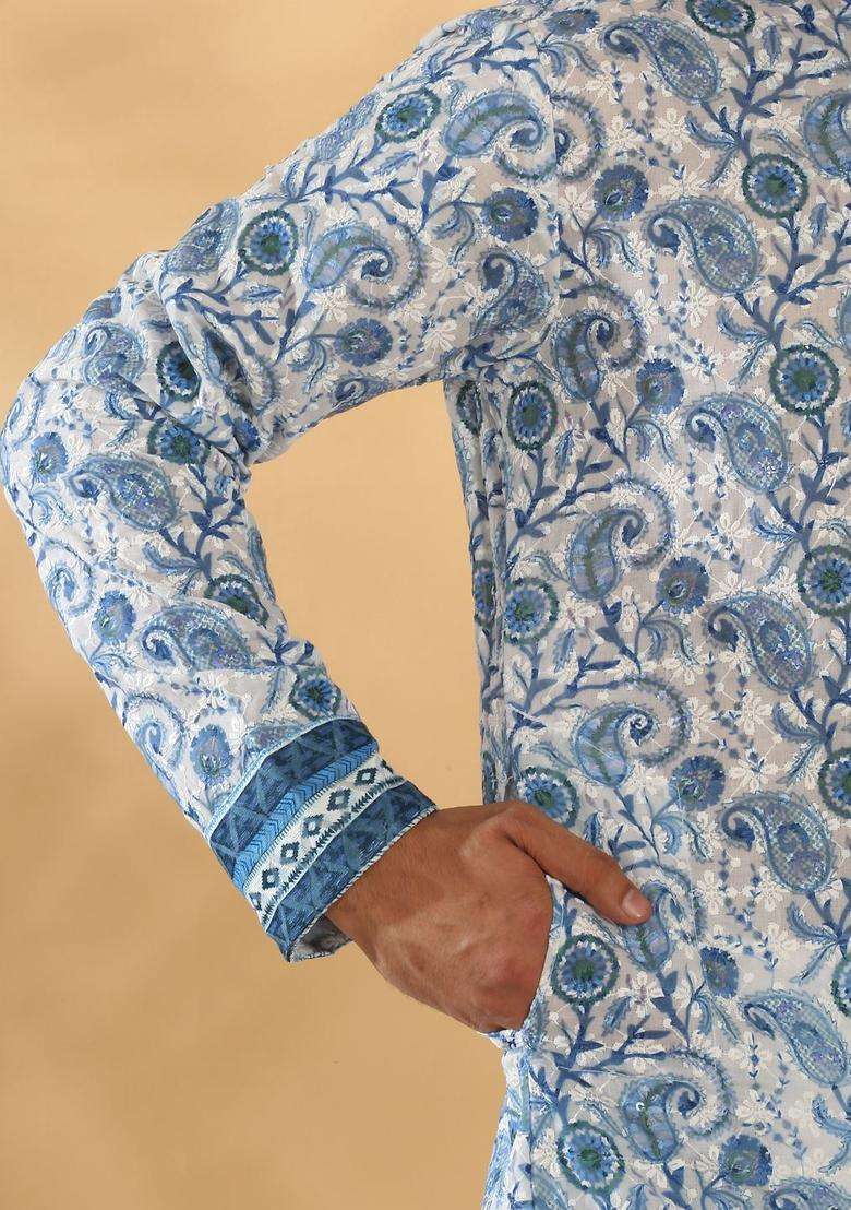 White Printed Cotton Kurta Set For Men - Indya