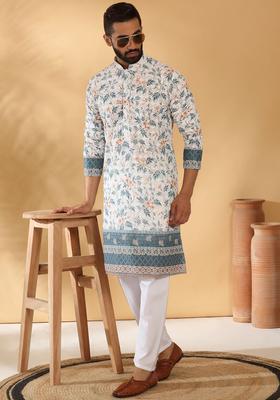 White Embroidered Cotton Kurta Set For Men
