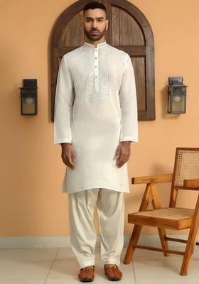 Cream Yoke Design Silk Kurta Set For Men