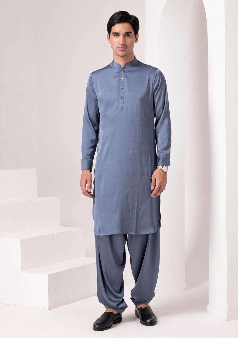 Blue Solid Polyester Kurta Set For Men - Indya
