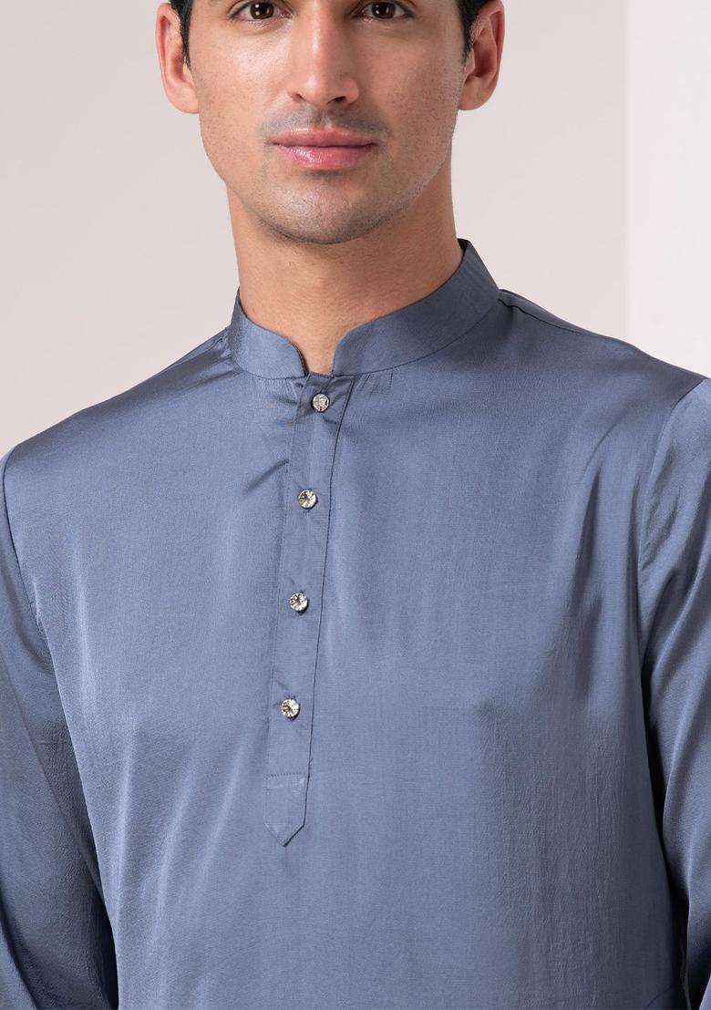 Blue Solid Polyester Kurta Set For Men - Indya