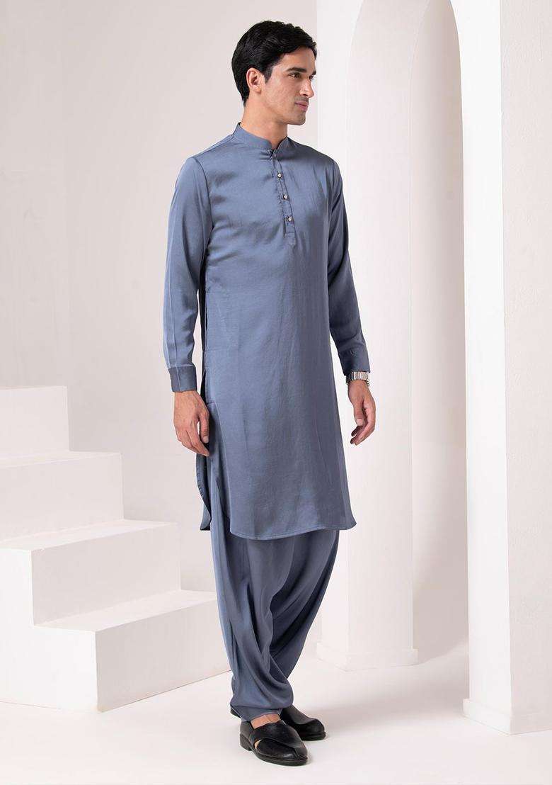 Blue Solid Polyester Kurta Set For Men - Indya