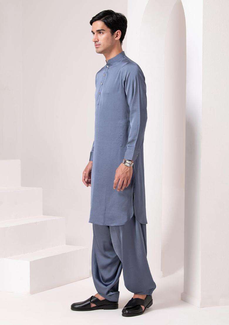 Blue Solid Polyester Kurta Set For Men - Indya