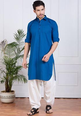 Blue Self Design Cotton Kurta Set For Men