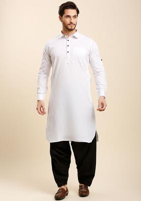 White Solid Cotton Kurta Set For Men