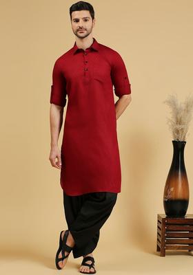 Maroon Woven Design Cotton Kurta Set For Men