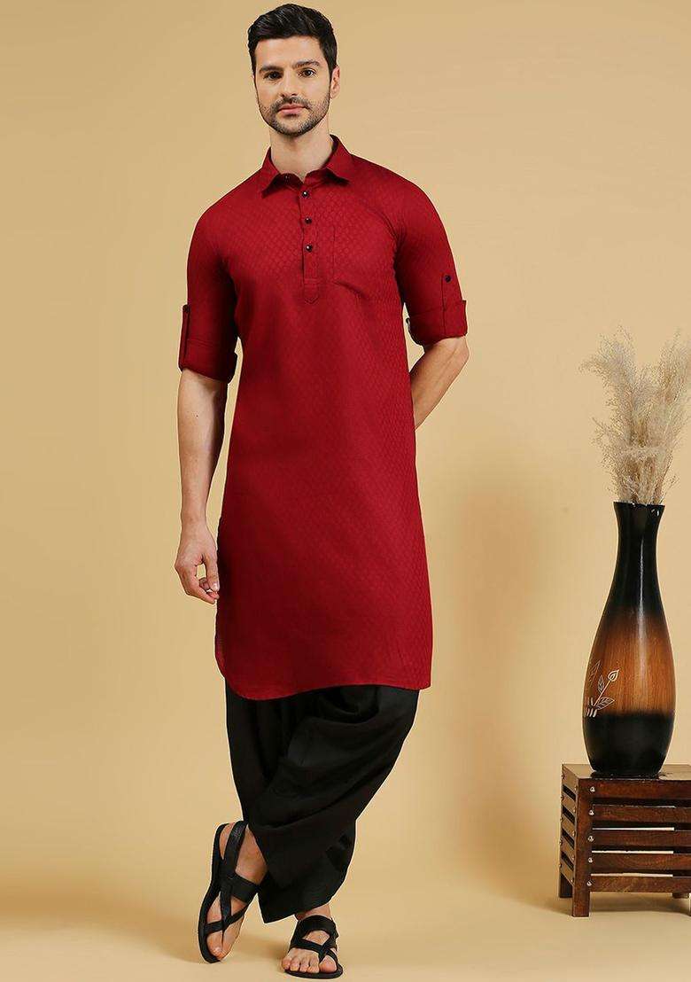 Maroon Woven Design Cotton Kurta Set For Men - Indya