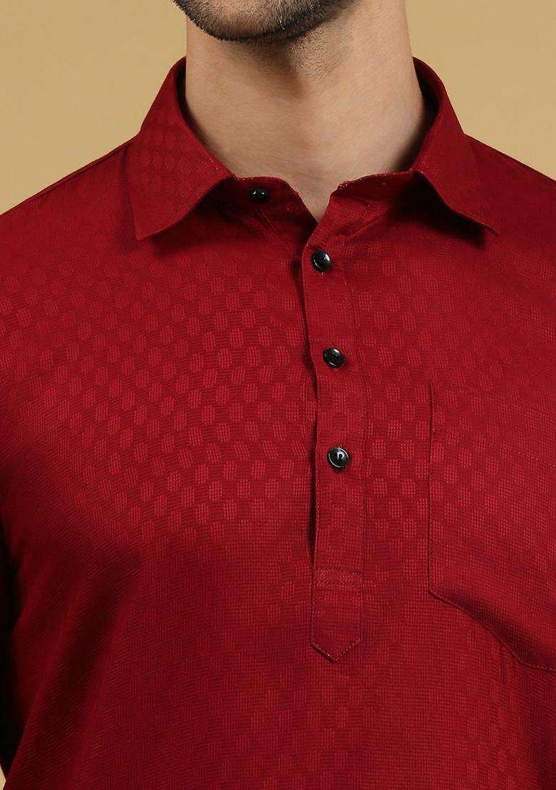 Maroon Woven Design Cotton Kurta Set For Men - Indya