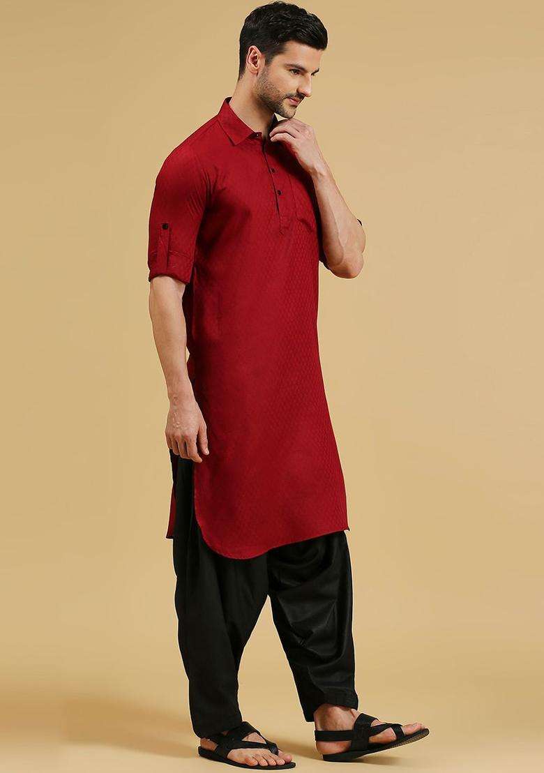 Maroon Woven Design Cotton Kurta Set For Men - Indya