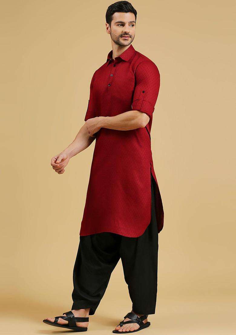 Maroon Woven Design Cotton Kurta Set For Men - Indya