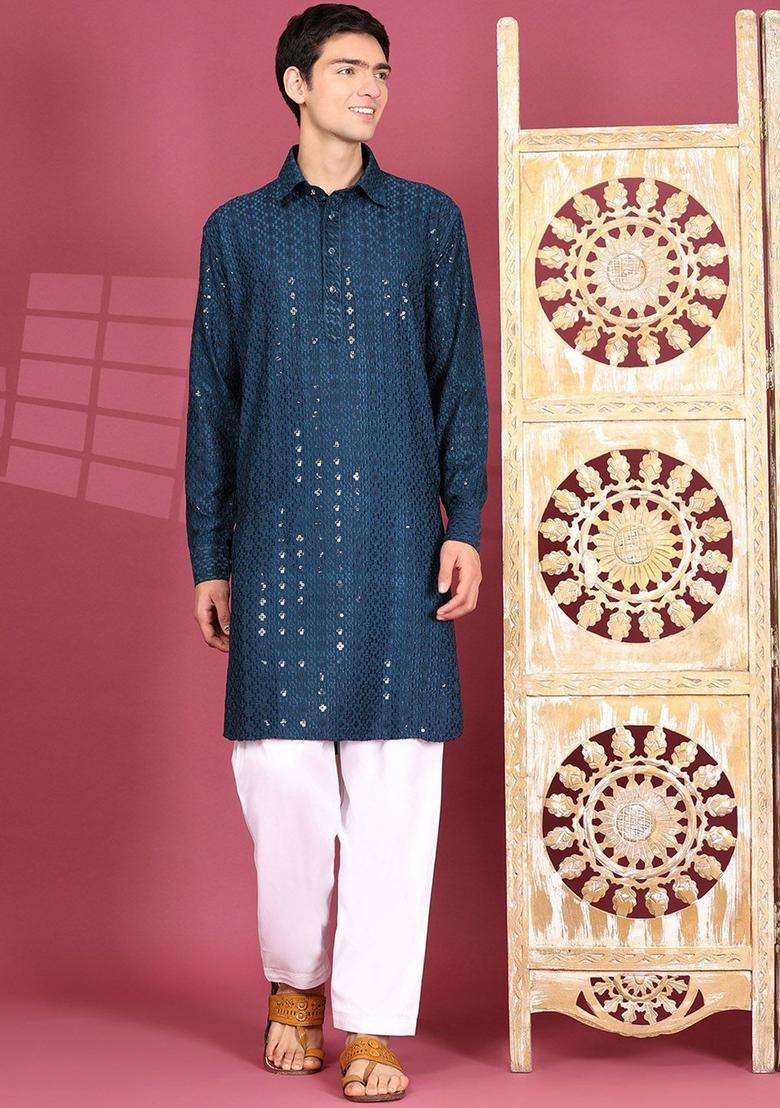 Blue Self Design Viscose Kurta Set For Men - Indya