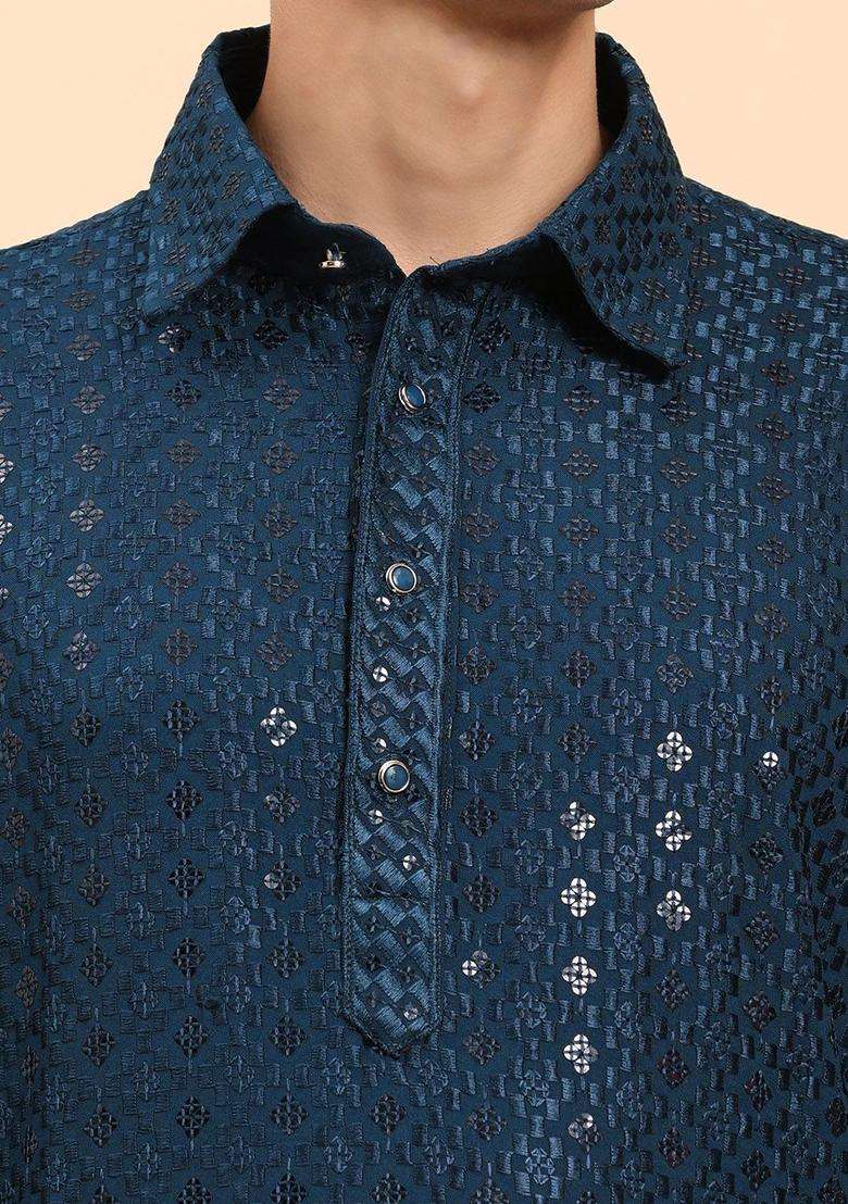 Blue Self Design Viscose Kurta Set For Men - Indya