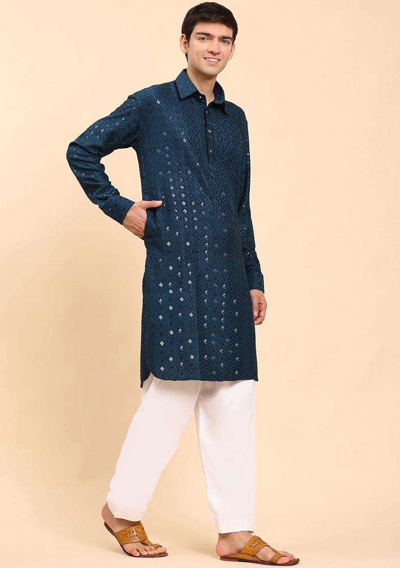 Blue Self Design Viscose Kurta Set For Men - Indya