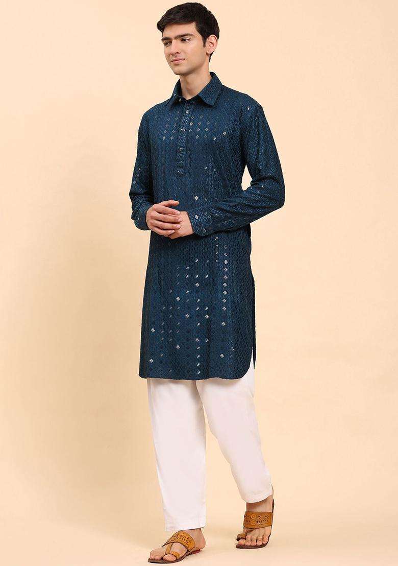 Blue Self Design Viscose Kurta Set For Men - Indya