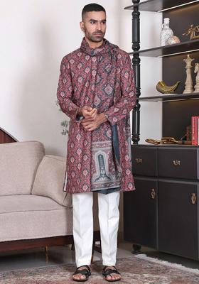 Pink Embroidered Cotton Kurta Set For Men