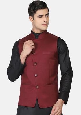 Maroon Solid Cotton Kurta Set For Men