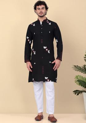 Black Embroidered Linen Kurta Set For Men