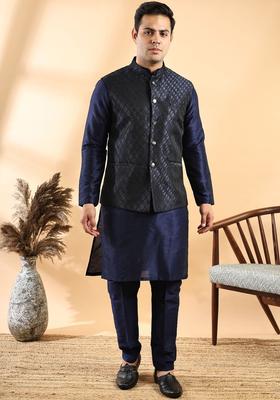 Navy Blue Solid Silk Kurta Set For Men