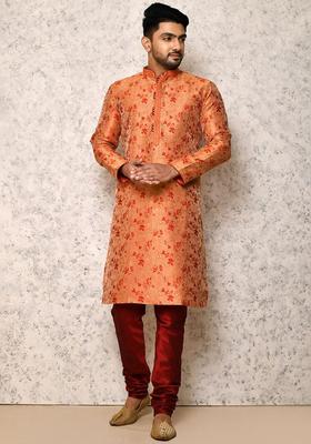 Orange Self Design Silk Blend Kurta Set For Men