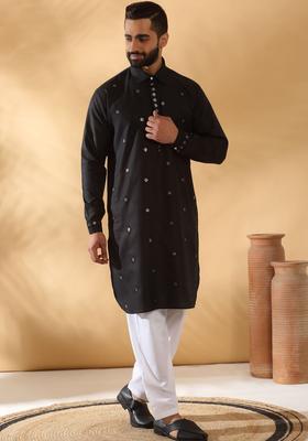 Black Embroidered Cotton Kurta Set For Men