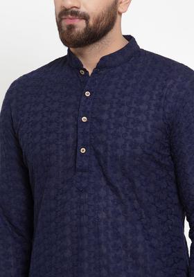 Navy Blue Embroidered Cotton Kurta Set For Men