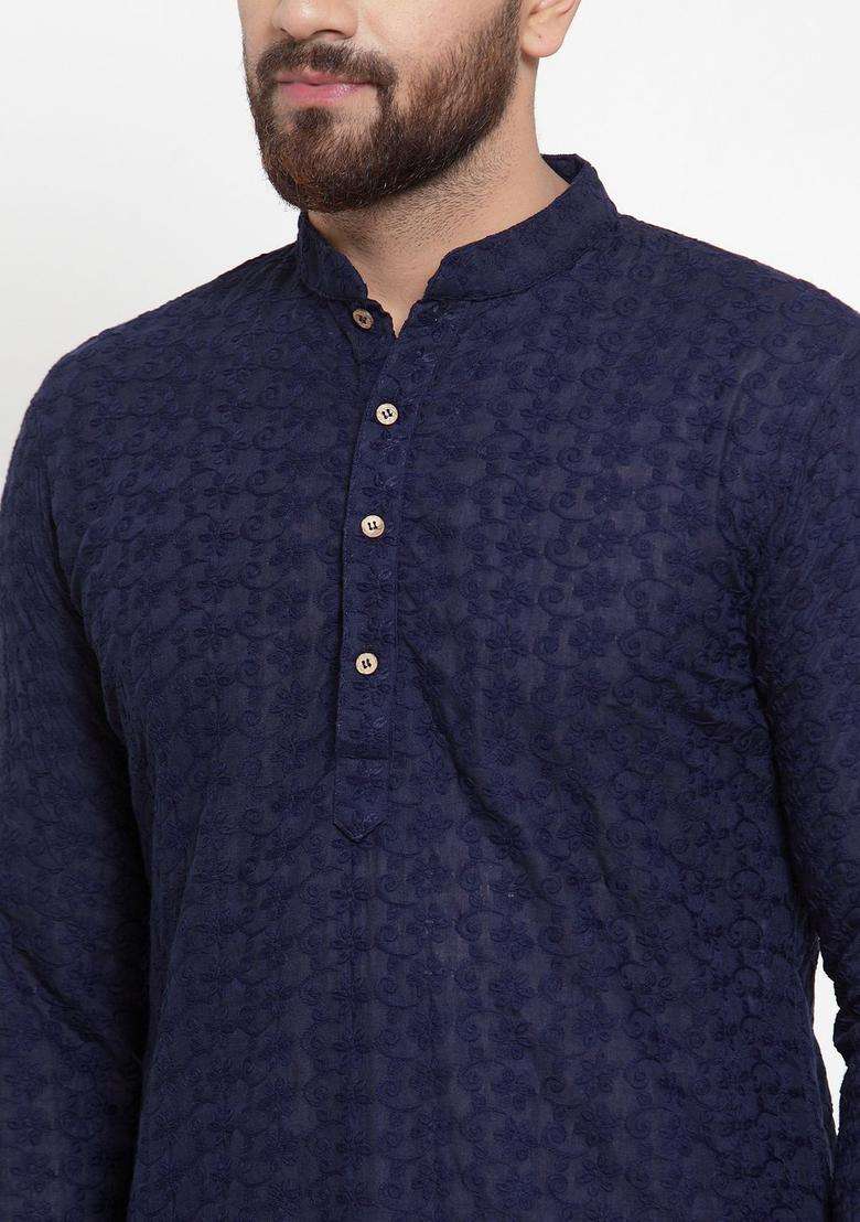 Navy Blue Embroidered Cotton Kurta Set For Men - Indya