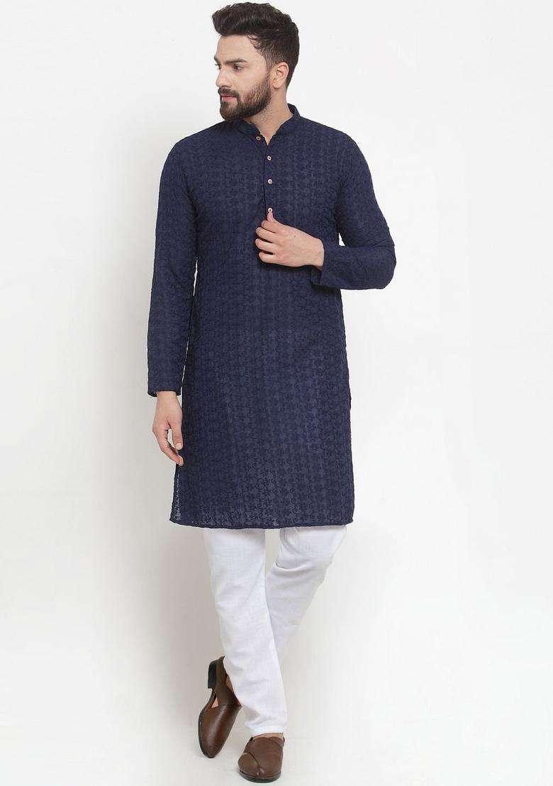 Navy Blue Embroidered Cotton Kurta Set For Men - Indya