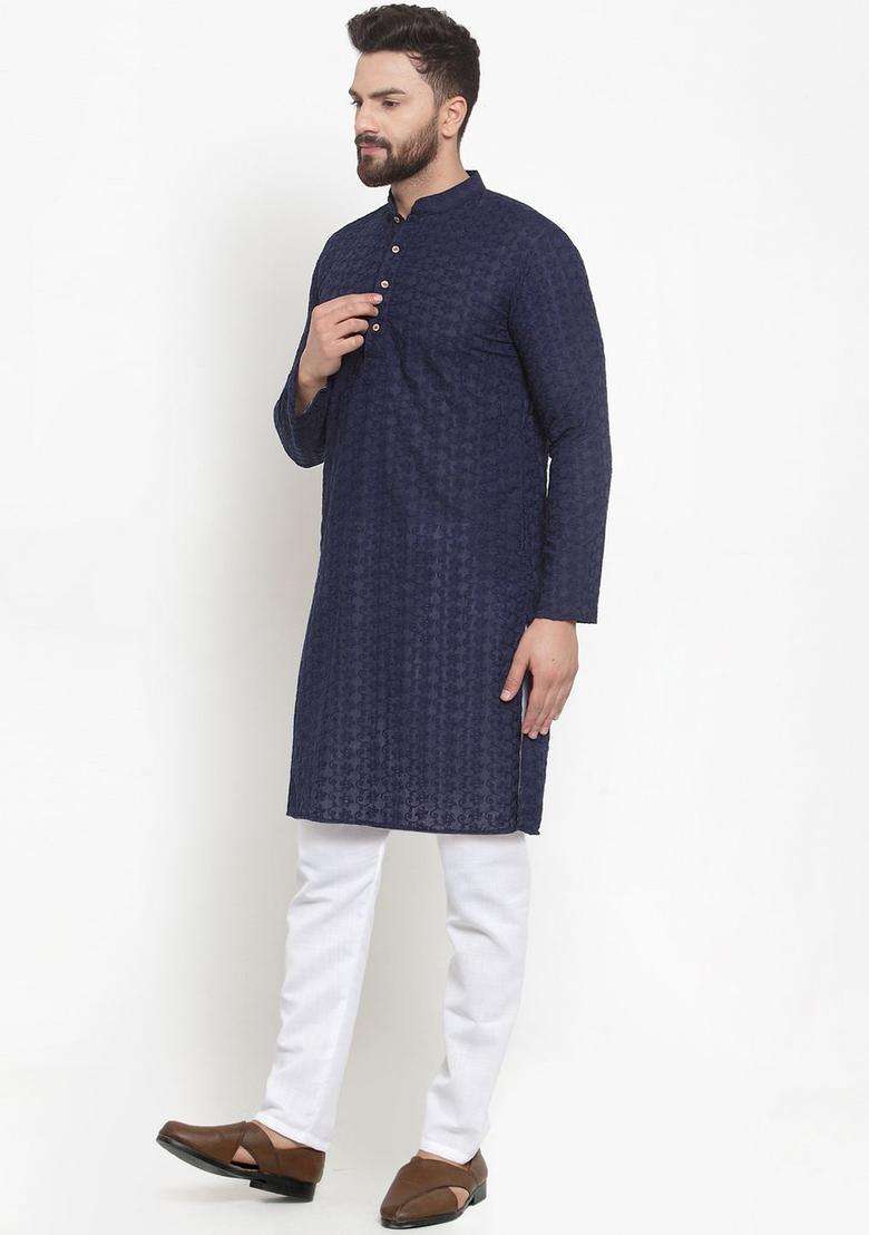 Navy Blue Embroidered Cotton Kurta Set For Men - Indya