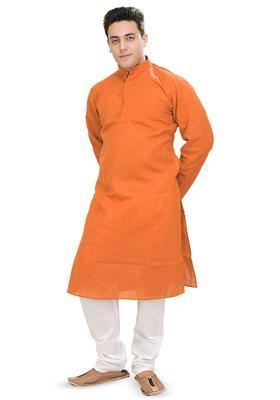 Orange Solid Linen Kurta Set For Men