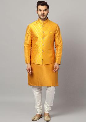 Yellow Solid Silk Kurta Set For Men