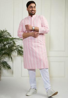 Pink Embroidered Cotton Kurta Set For Men