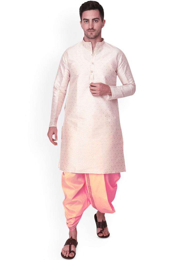 Gold Woven Design Cotton Kurta Set For Men - Indya