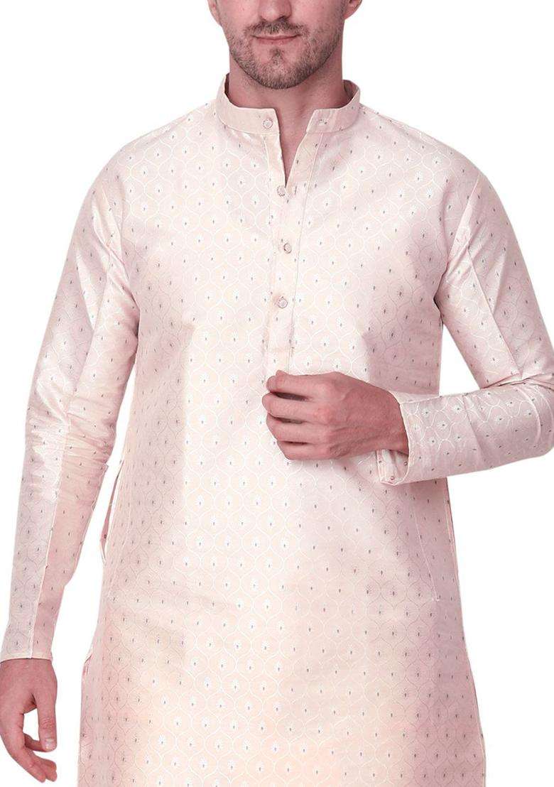 Gold Woven Design Cotton Kurta Set For Men - Indya