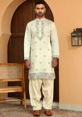 Cream Yoke Design Silk Kurta Set For Men