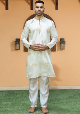 Off White Embroidered Silk Kurta Set For Men