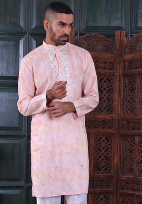 Peach Embroidered Viscose Kurta Set For Men