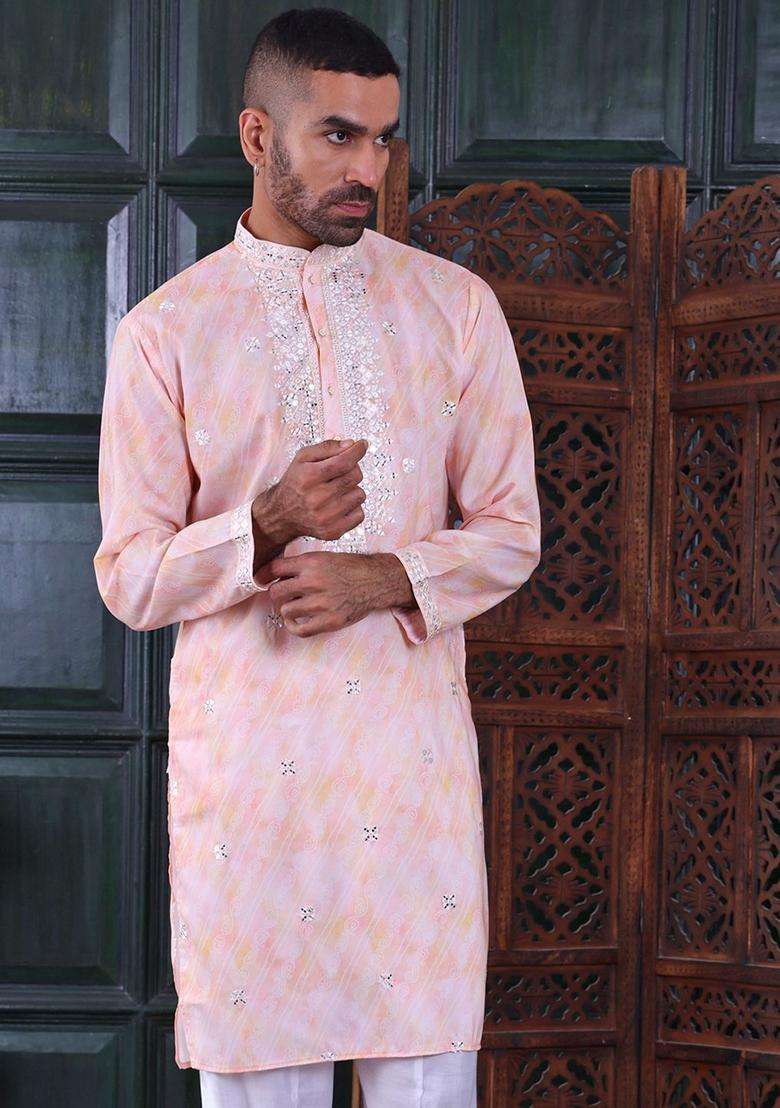 Peach Embroidered Viscose Kurta Set For Men - Indya