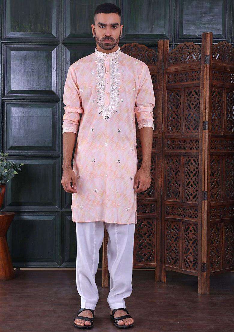 Peach Embroidered Viscose Kurta Set For Men - Indya