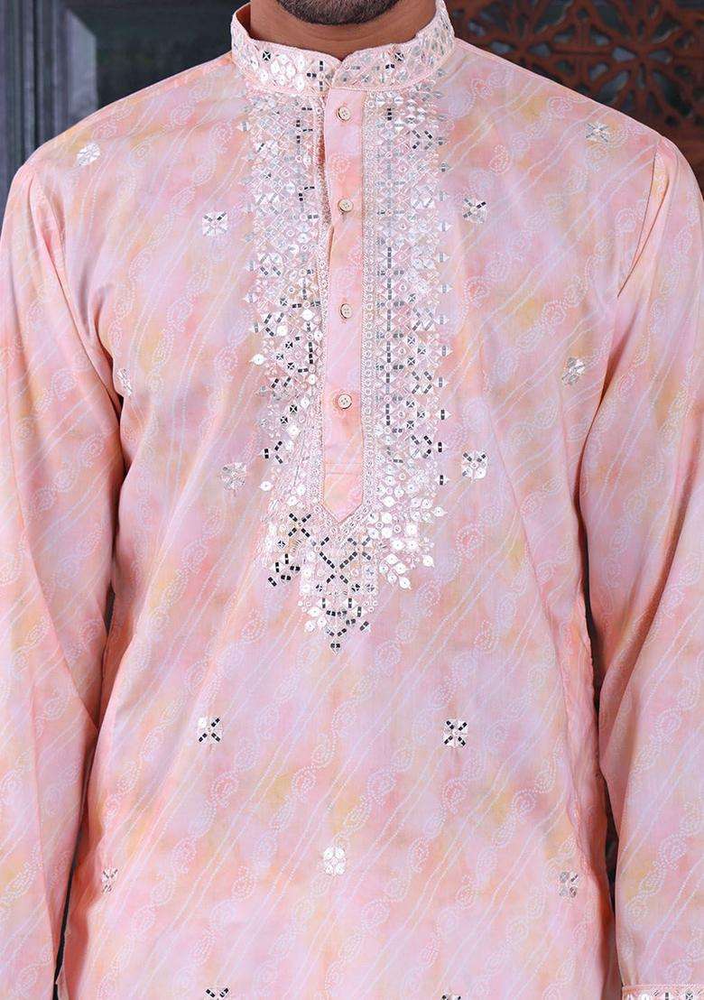 Peach Embroidered Viscose Kurta Set For Men - Indya