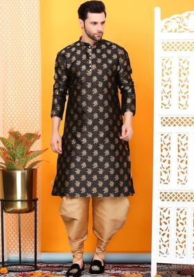 Black Woven Design Silk Kurta Set For Men