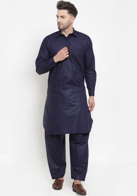 Navy Blue Solid Cotton Kurta Set For Men