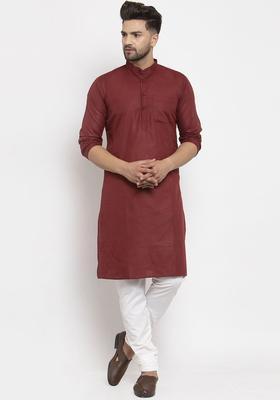 Maroon Solid Cotton Kurta Set For Men