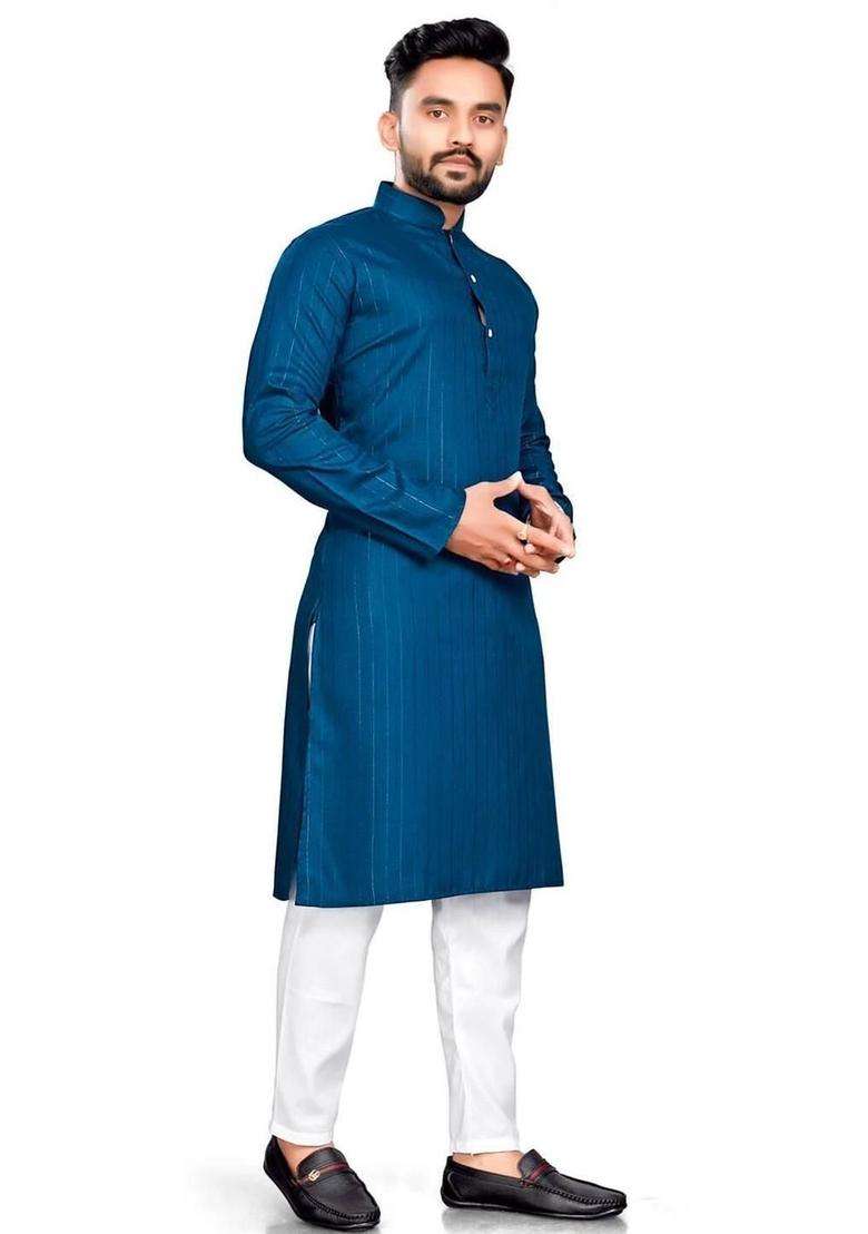 Navy Blue  Cotton Kurta Set For Men - Indya